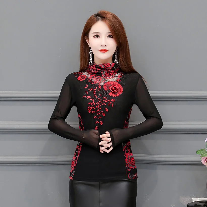 M-7XL blusas mujer de moda, осенняя Водолазка с длинным рукавом, сетчатые топы, элегантная тонкая блузка с вышивкой, рубашка размера плюс, рубашка