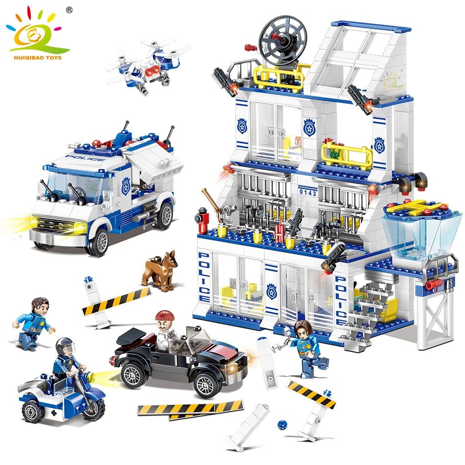 

HUIQIBAO 873Pcs Police Station Paddy Wagon Car UAV Building Blocks City Police Jail Prison Figures Bricks Toys For Children Kids