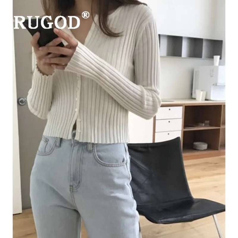 milky RUGOD Новое Осеннее тонкое вязаное пальто для женщин с v-образным вырезом Короткий стильный полосатый свитер кардиган мода femme Элегантный Эластичный - Цвет: milky