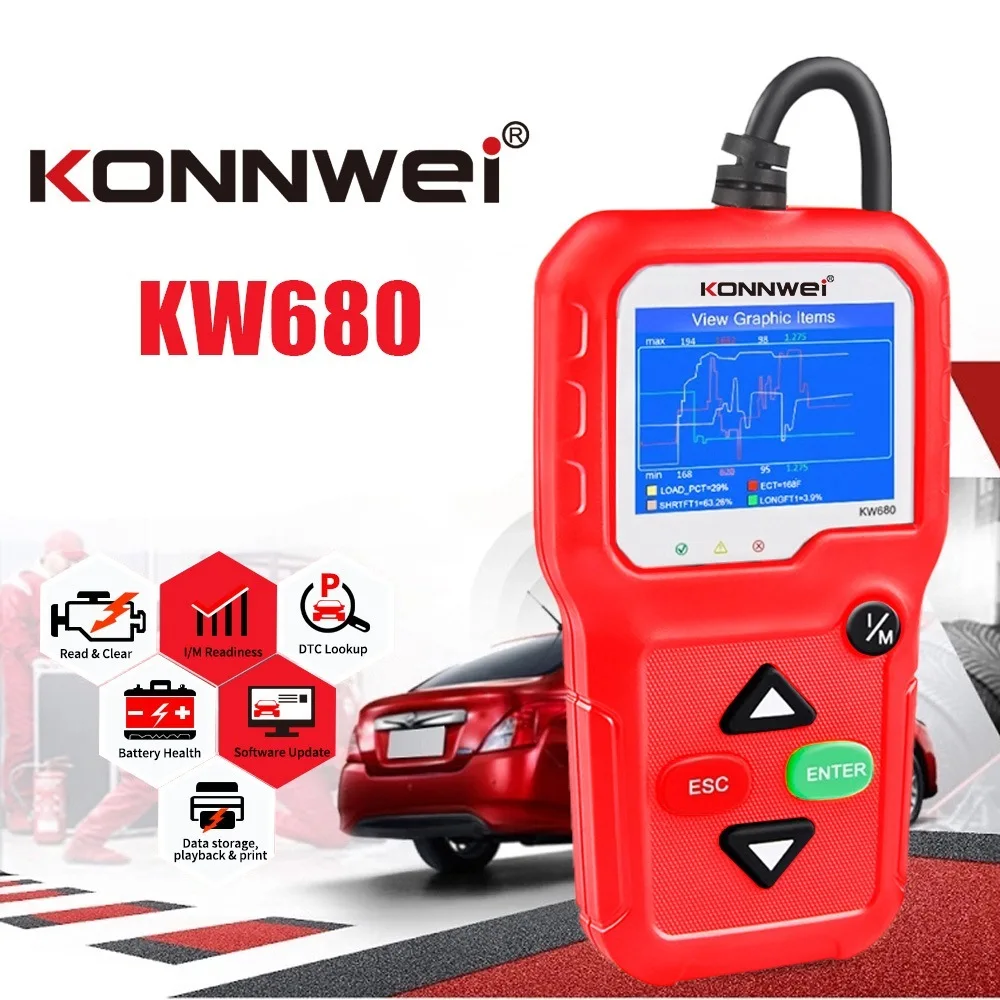 

KONNWEI KW680 OBD2 Scanner OBD Car Diagnostic Auto Diagnostic Tool Read Clear Fault Error Codes Russian OBD2 Automotive Scanner