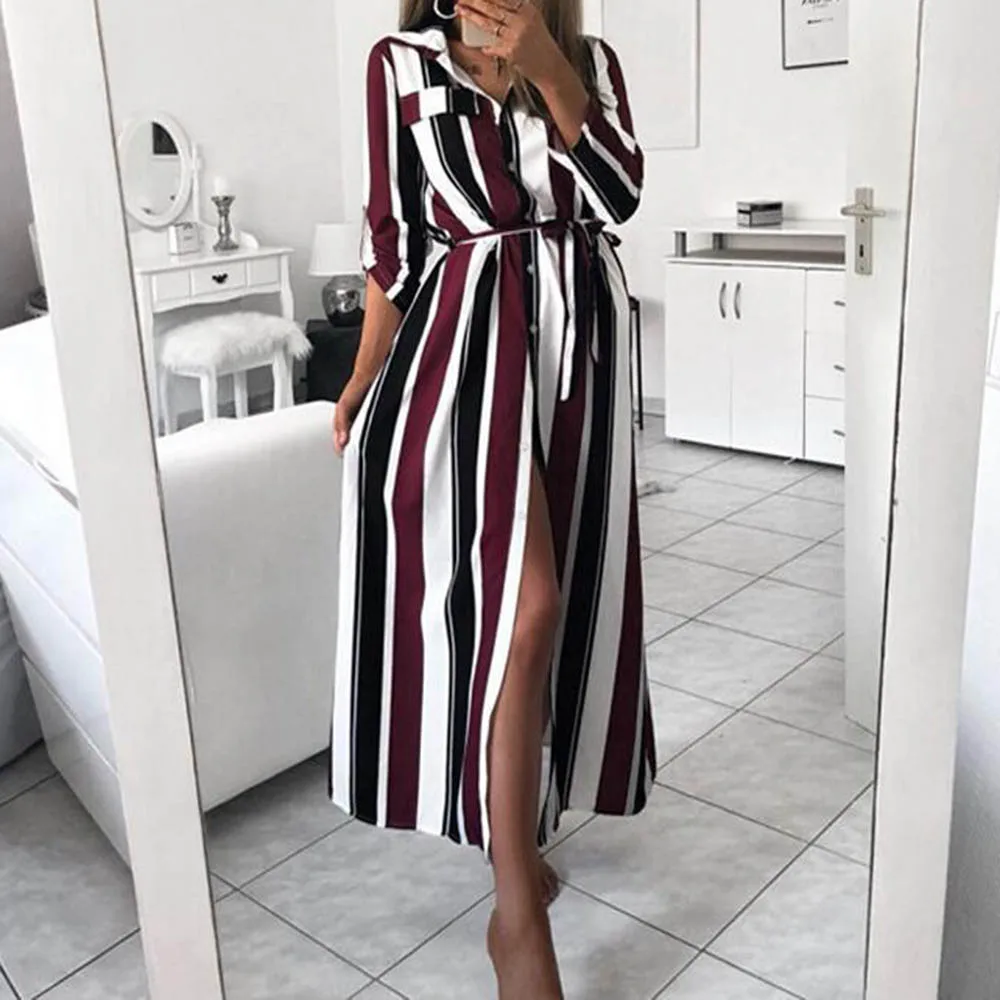 Офисное женское платье-рубашка в полоску весна-лето 2020 длинное пляжное платье с