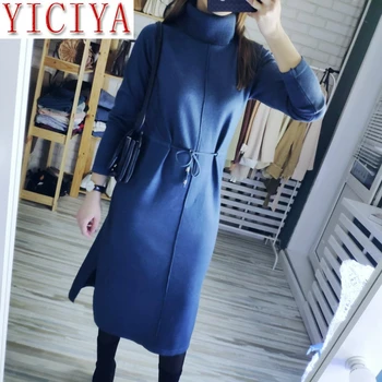 

2020 dresses spring Women Long sleeve Knit Maxi Dress Vertical Stripe Straight Dress Turtleneck Pullover Midi Dress Drawsting