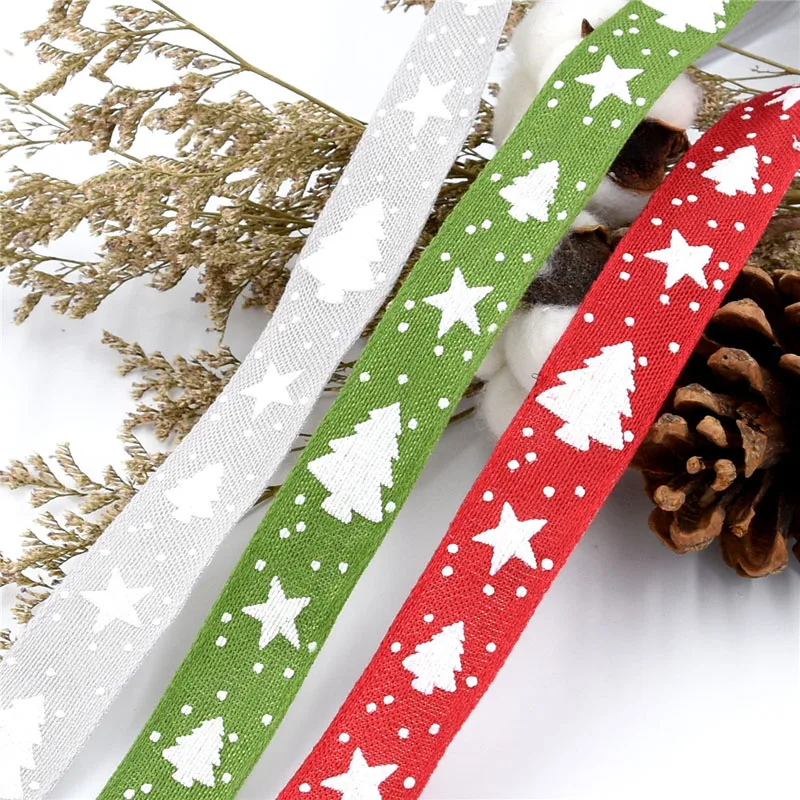 5 ярдов/партия) 25 мм Печатная хлопковая лента Рождественская елка украшение Подарочная упаковка DIY лук с двумя сторонами проволоки