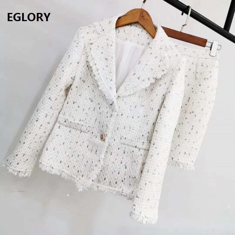 

High Quality New Jacket Sets 2020 Autumn Winter Wool Suit Women Tassel Wool Blazer Coats+White Blue Mini Wool Skirt Sets 2pcs