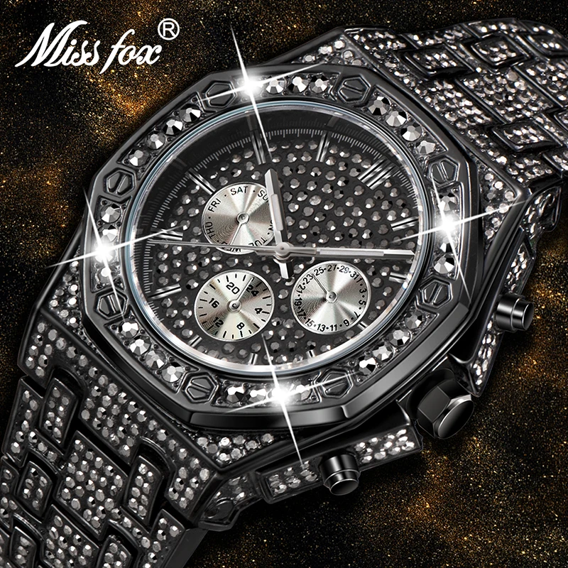 MISSFOX Luxury Man Watches Quartz WristWatch For Men Full Diamond Dial Casual Black Watch Alloy Casual Watch Relogio Masculino afbeelding