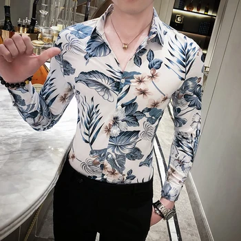 

Fashion 2020 Spring Floral Shirt Men Korean Slim Fit Casual Men's Social Shirts Long Sleeve Night Club Luxury Blouse Men 3XL-M