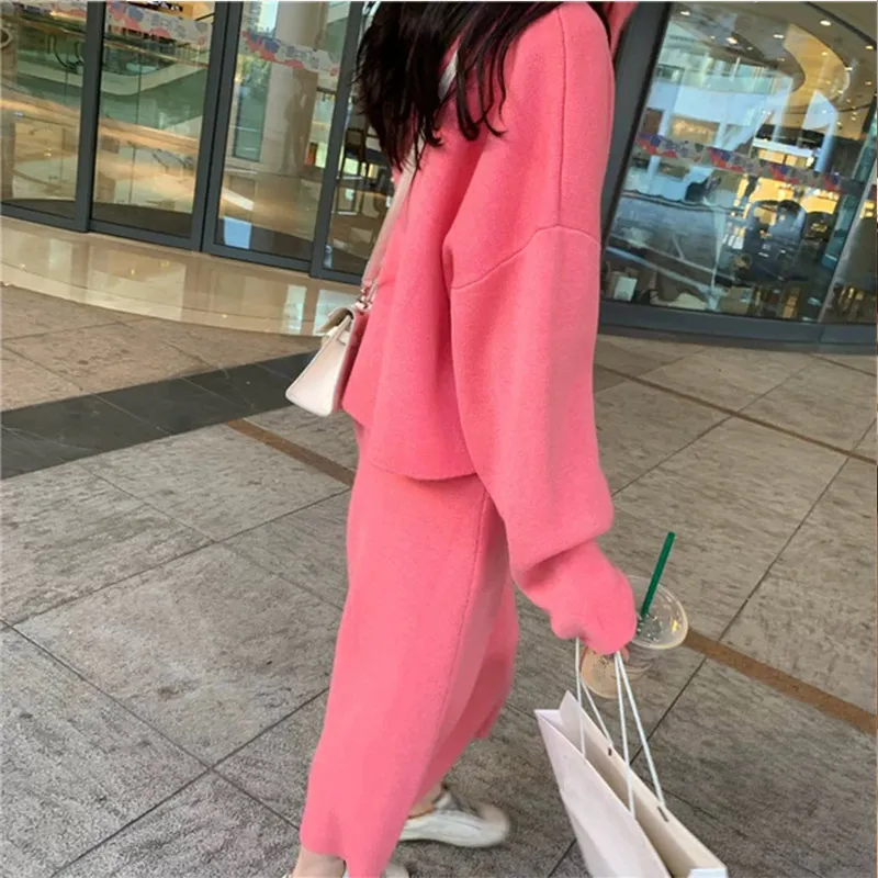 Spring Knitted Sweater Skirt 2 Piece Set Women O-Neck Batwing Sleeve Pullovers Skirts Suit Winter Fashion Elegant Ladies Sets - Цвет: Розовый