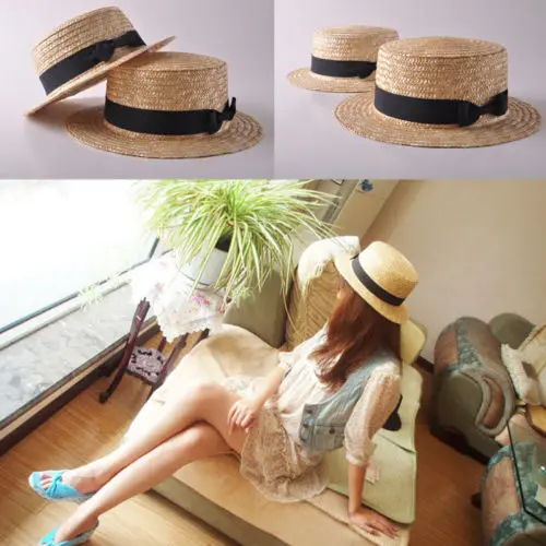 Fashion Women Daughter Summer Boho Straw Sun Hat Bow Flat Wide Brim Beach Cap