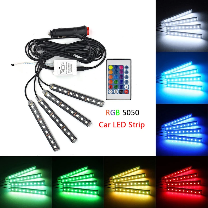 4 шт., автомобильный RGB светодиодный светильник, светодиодный светильник, s цвета, для стайлинга автомобиля, декоративные атмосферные лампы, автомобильный интерьерный светильник с пультом дистанционного управления 12 В
