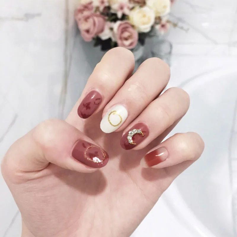 Любимые японские лунные 3D накладные ногти для девочек, розовые милые одноцветные накладные ногти с клеем, Короткие накладные ногти с героями мультфильмов