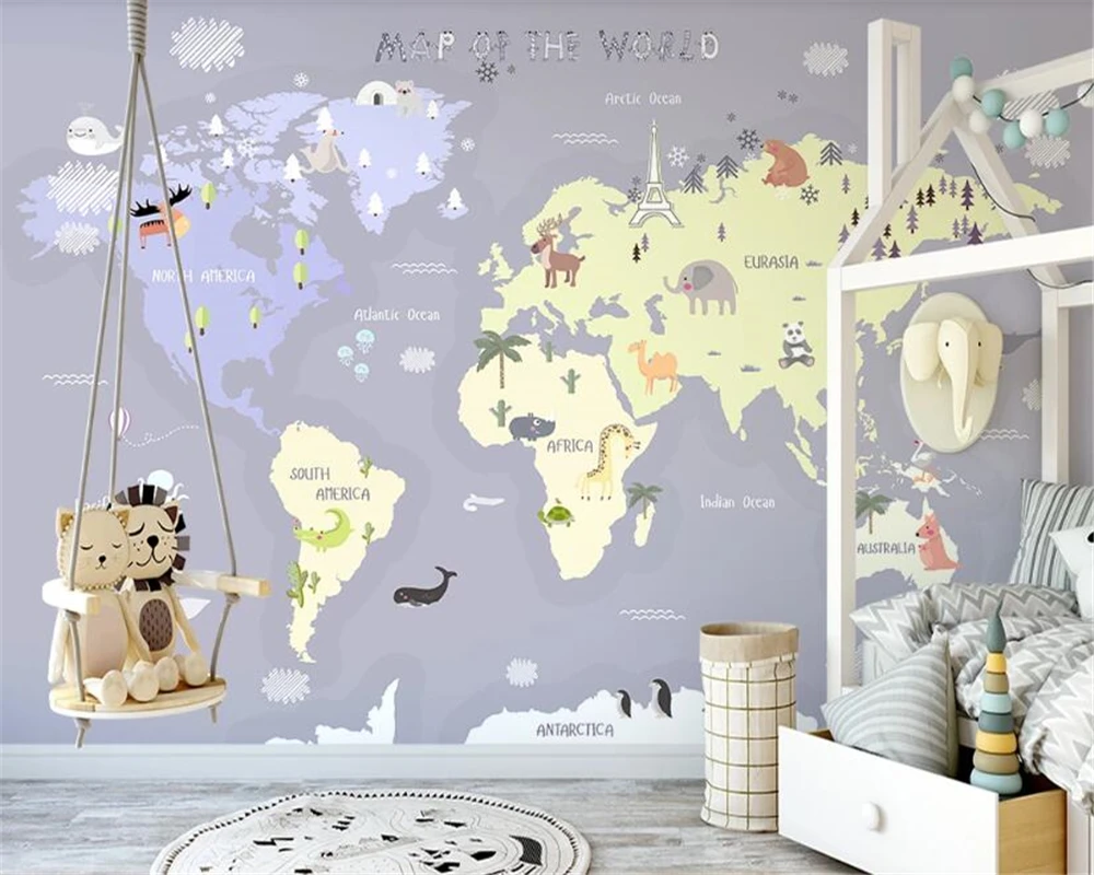 Papier Peint Photo Peint A La Main Dessin Anime Carte Du Monde Animaux Enfants Arriere Plan Mural Decoration De La Maison 3d Aliexpress