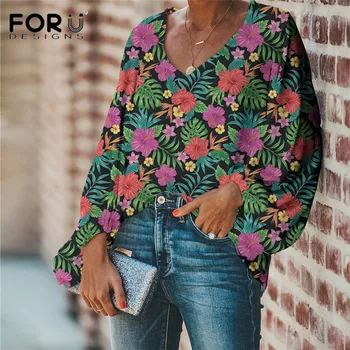 

FORUDEGINS Summer Mujer Blouse Tropical Hawaiian Hibiscus Flowers 3D Printing Large size Ladies Tops Female Sleeves Office Lady