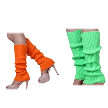 

Hot kf-2 Pair Women's Solid Color Knitted Foot Less Leg Warmers Orange & Green