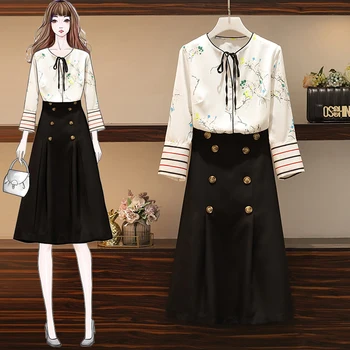 

Vintage Floral Printted O-neck Bow Striped Sleeve Chiffon Shirt and Double-breasted Solid Black Long Skirt 2 Piece Sets Women