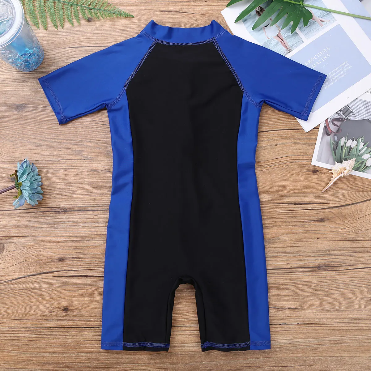 Kids Boys Girls One-piece Suits Rash Guards for Surfing Short Sleeves Zippered Shorty Wetsuits Swimsuit Swimwear Bathing Suits