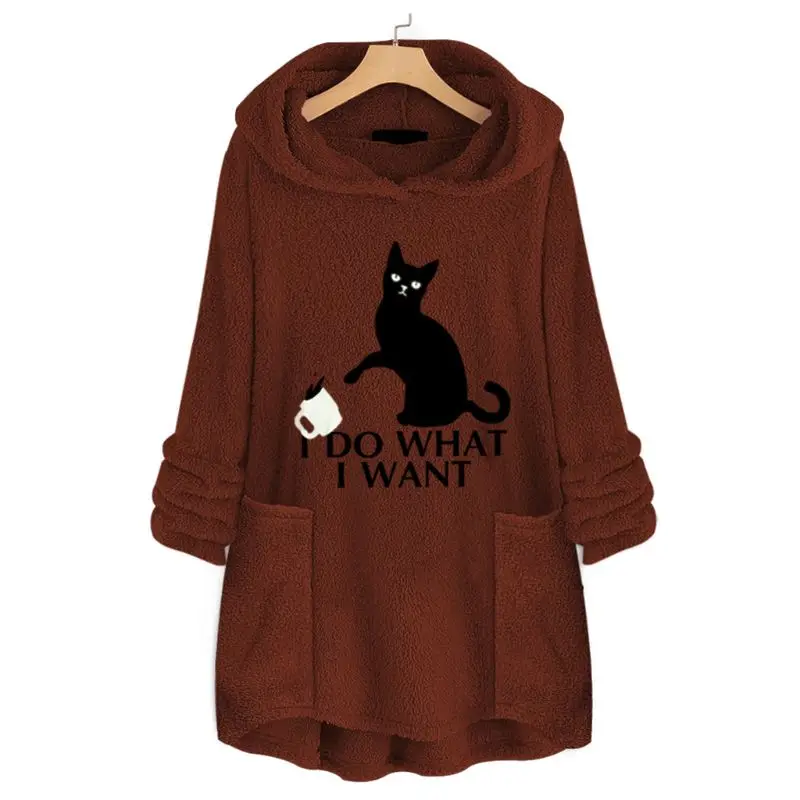 Womens Plus Size Winter Thicken Plush Hooded Sweatshirt Cute Lazy Cat Cartoon Printed Loose Asymmetric Hem Tunic Tops M-5XL - Цвет: 10