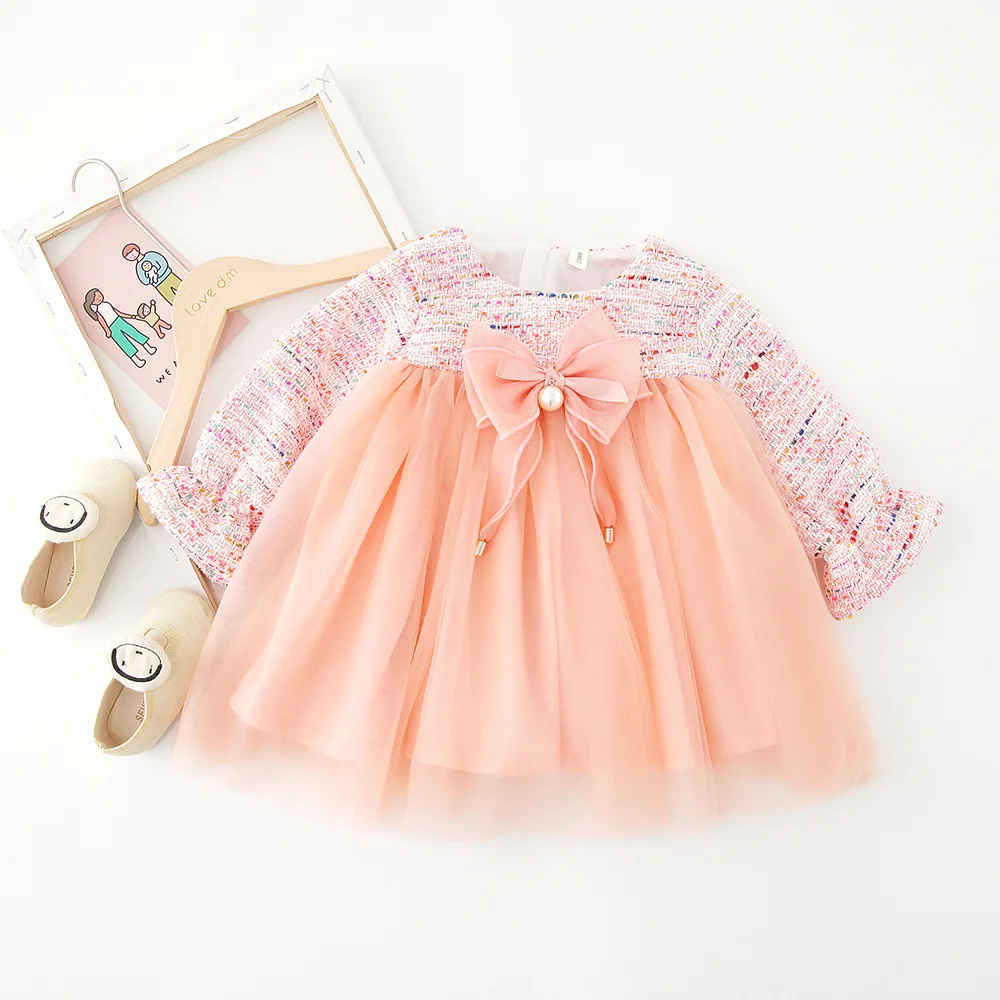 WLG/платья принцессы для маленьких девочек; детское розовое платье в стиле пэчворк с круглым вырезом и длинными рукавами; Милые праздничные платья для маленьких девочек