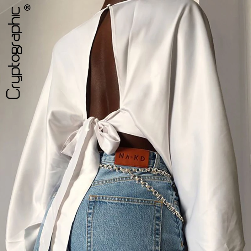 

Cryptographic Solid Lantern Sleeve Round Neck Satin Shirts Bow Sexy Backless Fashion Crop Tops Lace Up Blouses For Women 2019