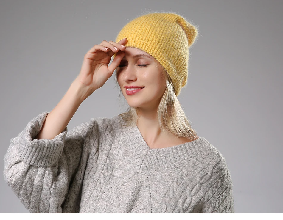 Новая зимняя женская шапка из кроличьего кашемира, вязаные шапки, толстые теплые женские шерстяные шапка из ангорской шерсти, женские вязаные шапки