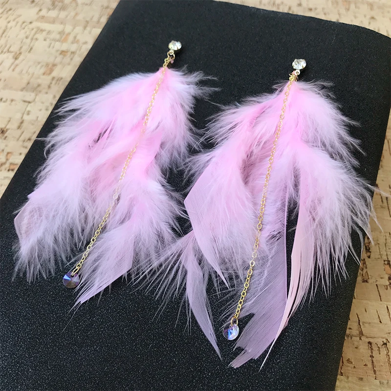 Cpop-Pendientes de plumas para Mujer, aretes Largos de circonita cúbica, borla de Color blanco, rosa y gris, 2018