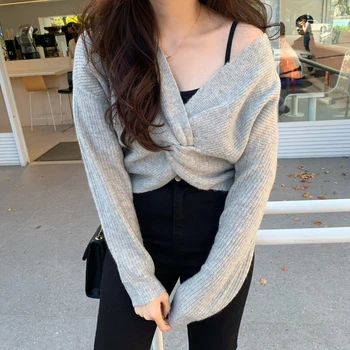 

YAMDI 2020 woman cute sweater women sexy cross v ndeck oversized thick vintage knitted korean pullover jumper spring winter lady