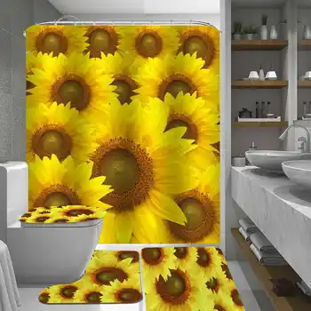 

Sunflower Waterproof Shower Curtain with 12 Hooks /Bath Mat/Toilet Pad Set Character Pattern Anti-slip Toilets Pattern Carpet