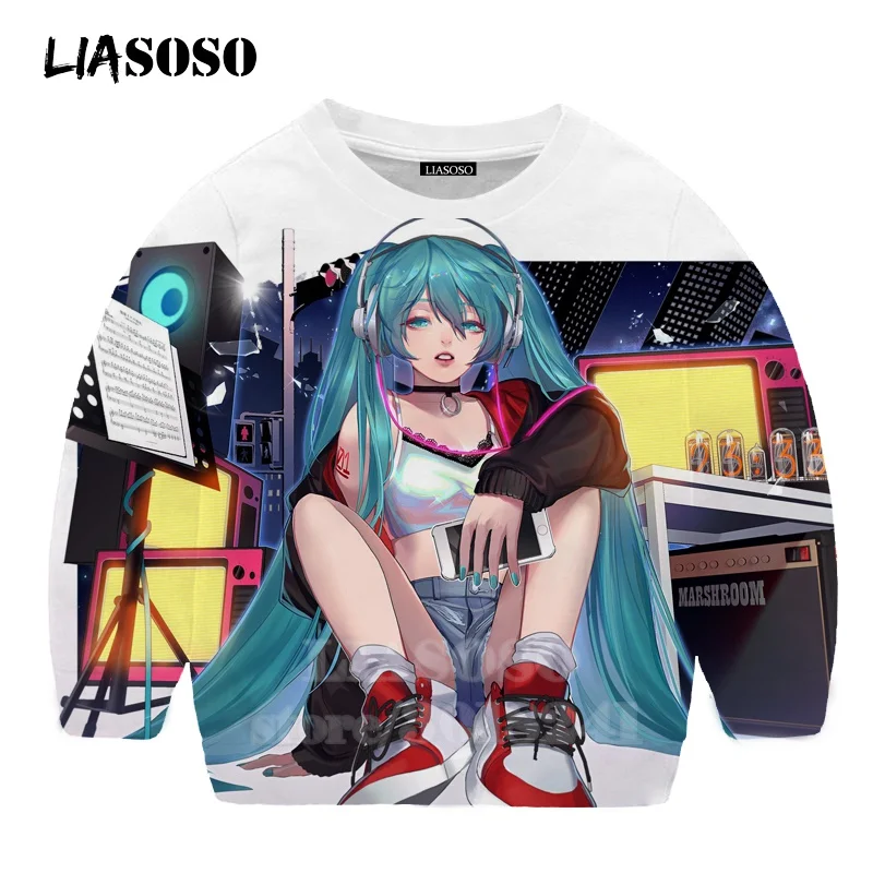 LIASOSO детей толстовки 3D принт аниме девочка Hatsune Толстовка Miku музыки детей мальчиков и девочек с круглым вырезом в стиле «хип-хоп» Детский свитер для подростков B174