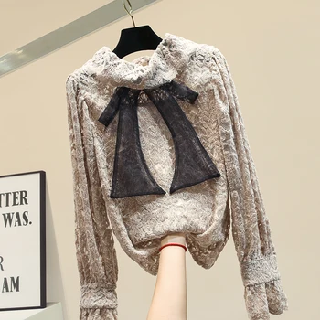 

Fashion Bow Tie Turtleneck Lace Shirts Women's Autumn Bottom Shirt Long Sleeve Office Lady Top Girls Loose Elegant Blouse Mujer