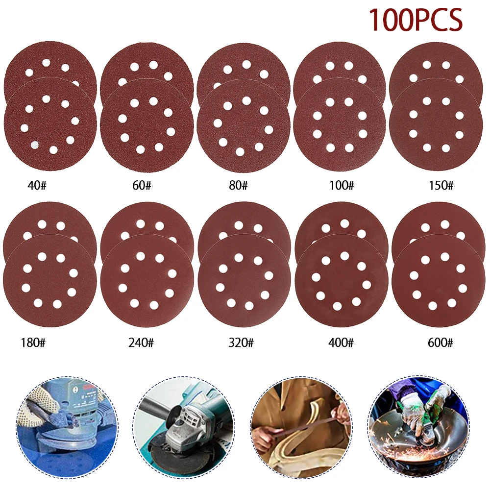 

100Pcs 5in Sander Disc 40-600 Grit Sandpaper Sheet Hook Loop Sanding Disc Sanding Disk for 8 Hole 125mm Sandpaper Grinding Disc