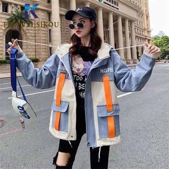 

2019 New Spring Autumn Women Jacket Fashion Patchwork Hooded Windbreaker Coat Pocket Print Harajuku Jackets Female Plus size