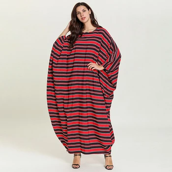 

[EWQ] 2020 Spring New Pattern Round Collar Batwing Sleeve Striped Patchwork Pullovers Casual Dress Women Larege Size AK78103