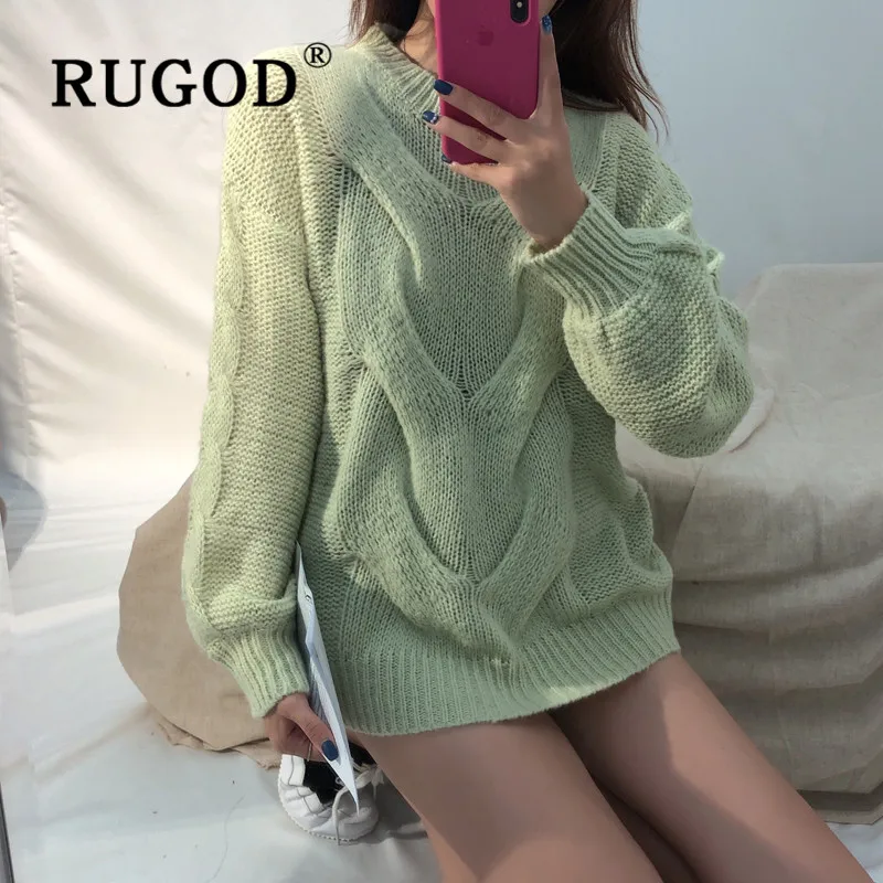 RUGOD женский свитер мохер с круглым вырезом, однотонный свободный Мягкий трикотажный пуловер, модный Женский Повседневный Топ с длинным рукавом