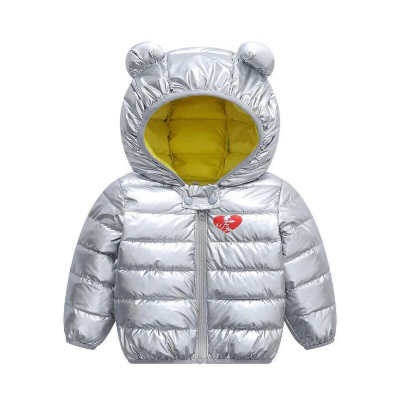 

Autumn Winter Baby Boys Girls Keep Warm Jacket Hooded Coat children's Bright Silver Down Jacket Outerwear Kids snowsuit