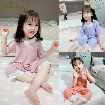 

Mom Susy Baby Clothes Summer Princess Ribed Pajamas Sets Candy Color Girls Lace Sleepwear Baby Bodysuit Home Suit 2PCS Clothes