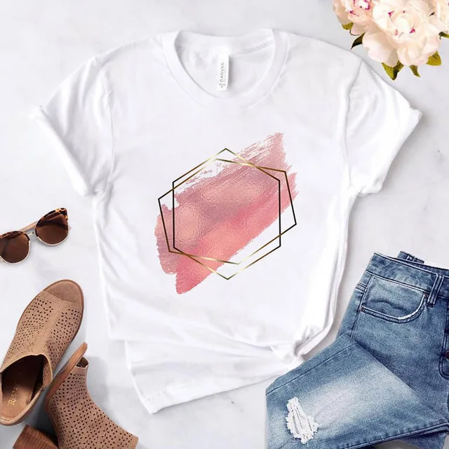 Heart flower print ladies T-shirt ladies casual basis O-collar white shirt short sleeve ladies T-shirt love graphic printing 33269