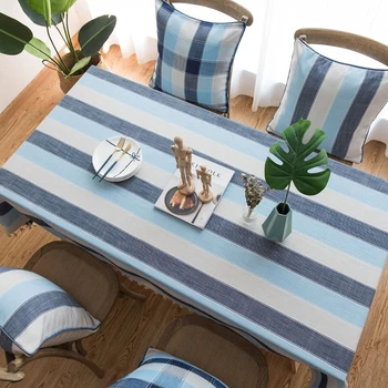 

Linen Cotton Blue Stripe Tablecloth Mediterranean Style Rectangular Table Protector Cover For Wedding Party Dining Mantel Tapete