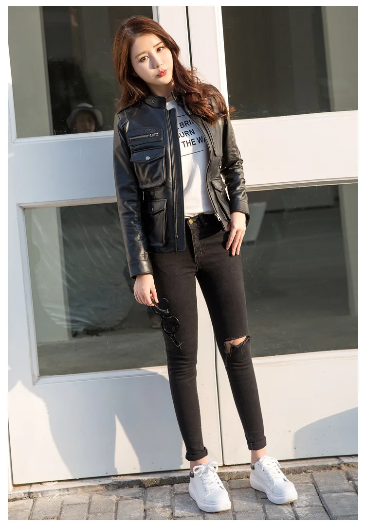 Factory New Women Genuine Sheepskin Leather Jacket Black Soft Slim Multiple Pockets Women's Leather Spring Autumn Coats