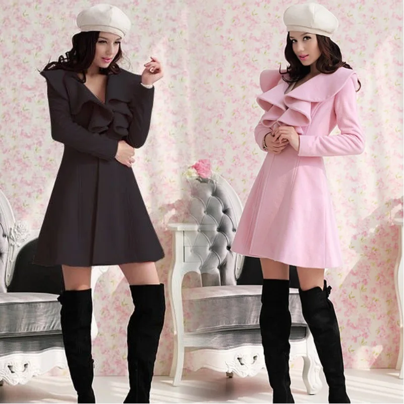 Четыре цвета Ozhouzhan AliExpress модная осенняя и зимняя Длинная шерстяная куртка с оборками шерстяное пальто Лидер продаж