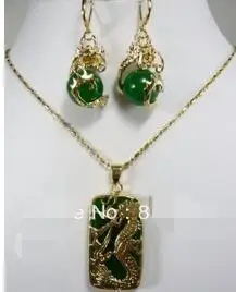 

FREE SHIPPINGCharming Green jade Dragon Pendant necklace earring set Natural jewelry