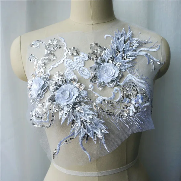 White Золотая, серебряная, белая, синяя кружевная ткань с блестками, 3D цветок, кисточка, свадебное платье аппликация, вышивка, пришить патч для платья, DIY украшения - Цвет: White