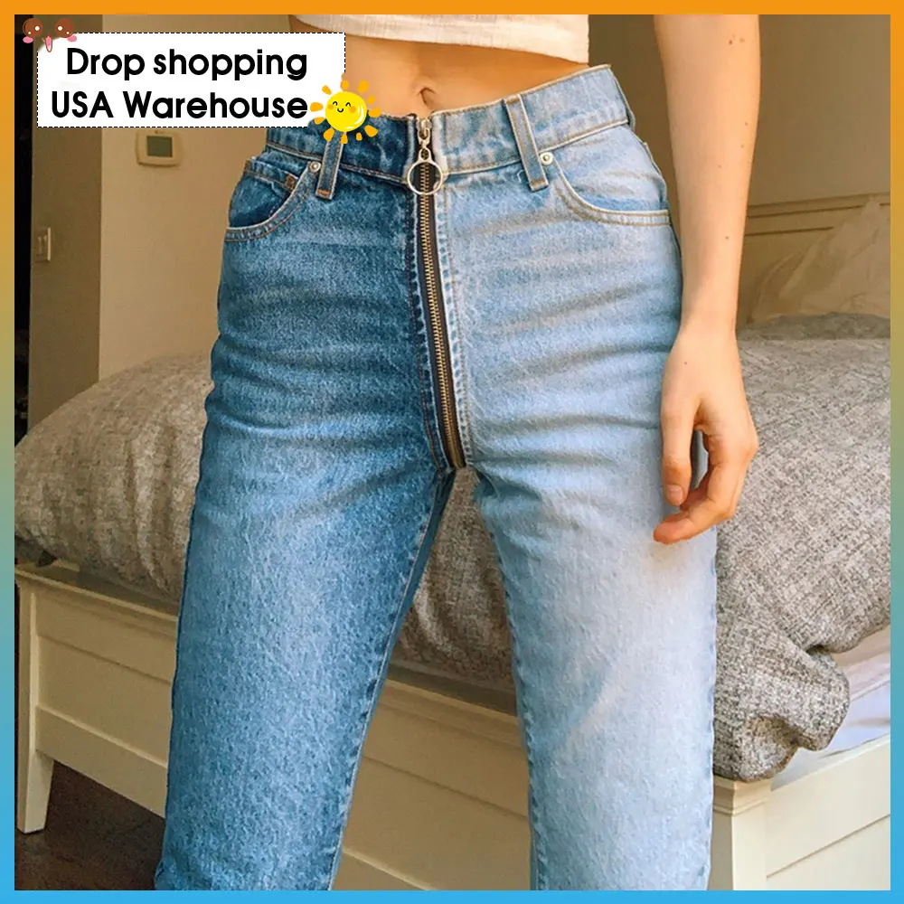 

Women's 2020 New Style for Autumn and Winter Fashion Contrasting Creative Zipper Stitching Casual Jeans High Waist Jeans