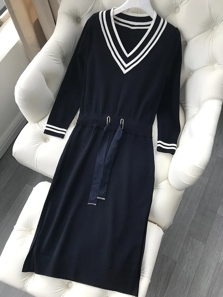 

French Elegant 19 Autumn And Winter CP Home Simple Contrast Color V-neck Bandage Cloth Waist Hugging Slit-Mid-length Jersey Dres