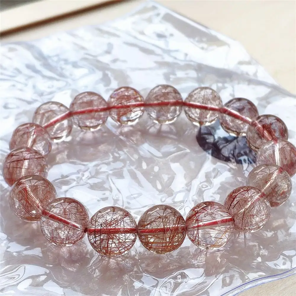 

Genuine 12mm Natural Copper Rutilated Quartz Crystal Clear Stretch Round Beads Bracelet Wealthy Stone Jewelry From Brazil AAAAA