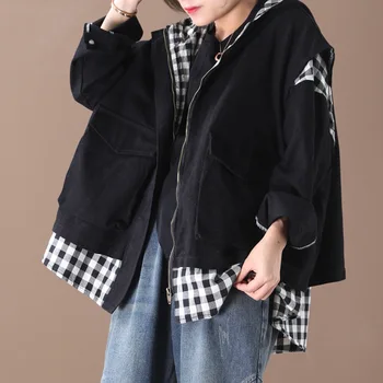 

[EWQ] 2020 Spring Autumn New Pattern Hooded Collar Long Sleeve Fake Two Piece Plaid Patchwork Zipper Vintage Coat Women AK34801