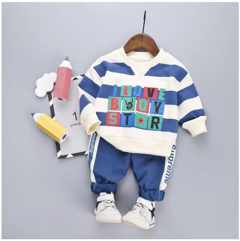 Коллекция года, Осенние комплекты одежды для малышей комплекты одежды для маленьких мальчиков и девочек футболка в полоску с буквенным принтом и штаны Детский костюм - Цвет: Небесно-голубой