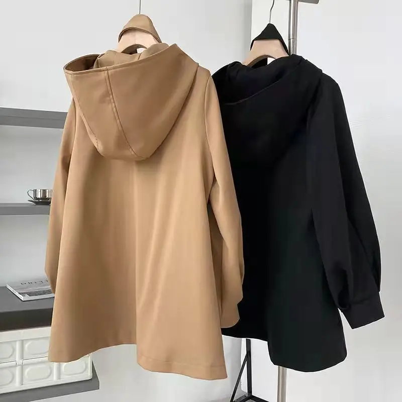 Fashion Elegant Women's Short Windbreaker Trench Coat Autumn and Spring Korean Loose Hooded Plus Size Jacket Original Fabric Parkas