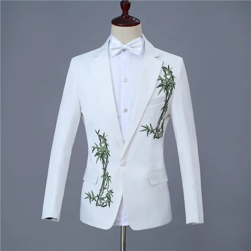 Fashion men's suit set(jacket+pant) wedding prom party costume slim casual flat collar lapel bamboo print white business suit