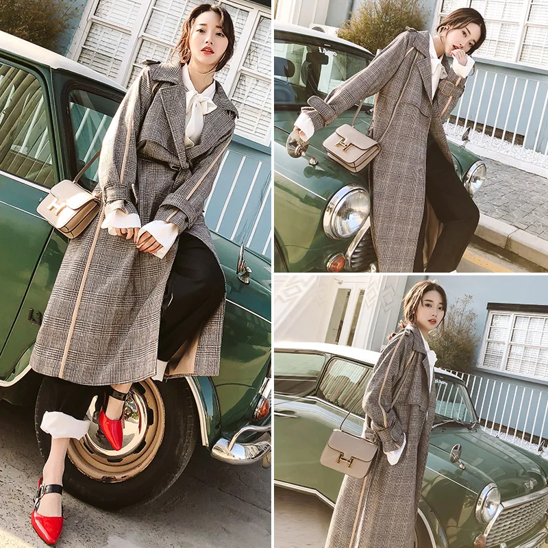 

Plaid Trench Coat Women's Mid-length 2019 Spring And Autumn Elegant waimore Korean-style Loose-Fit over-the-Knee And Ankle Coat