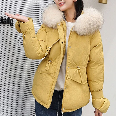 Yellow Однотонный Зимний пуховик с меховым капюшоном для женщин в Корейском стиле, утепленная куртка-парка большого размера, женские стеганые парки, верхняя одежда на осень - Цвет: Yellow