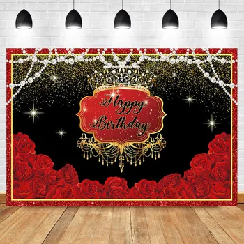 

NeoBack Red Rose Golden Crown Happy Birthday Photo Background Pearl Gold Glitter Bokeh Shiny Photography Backdrops